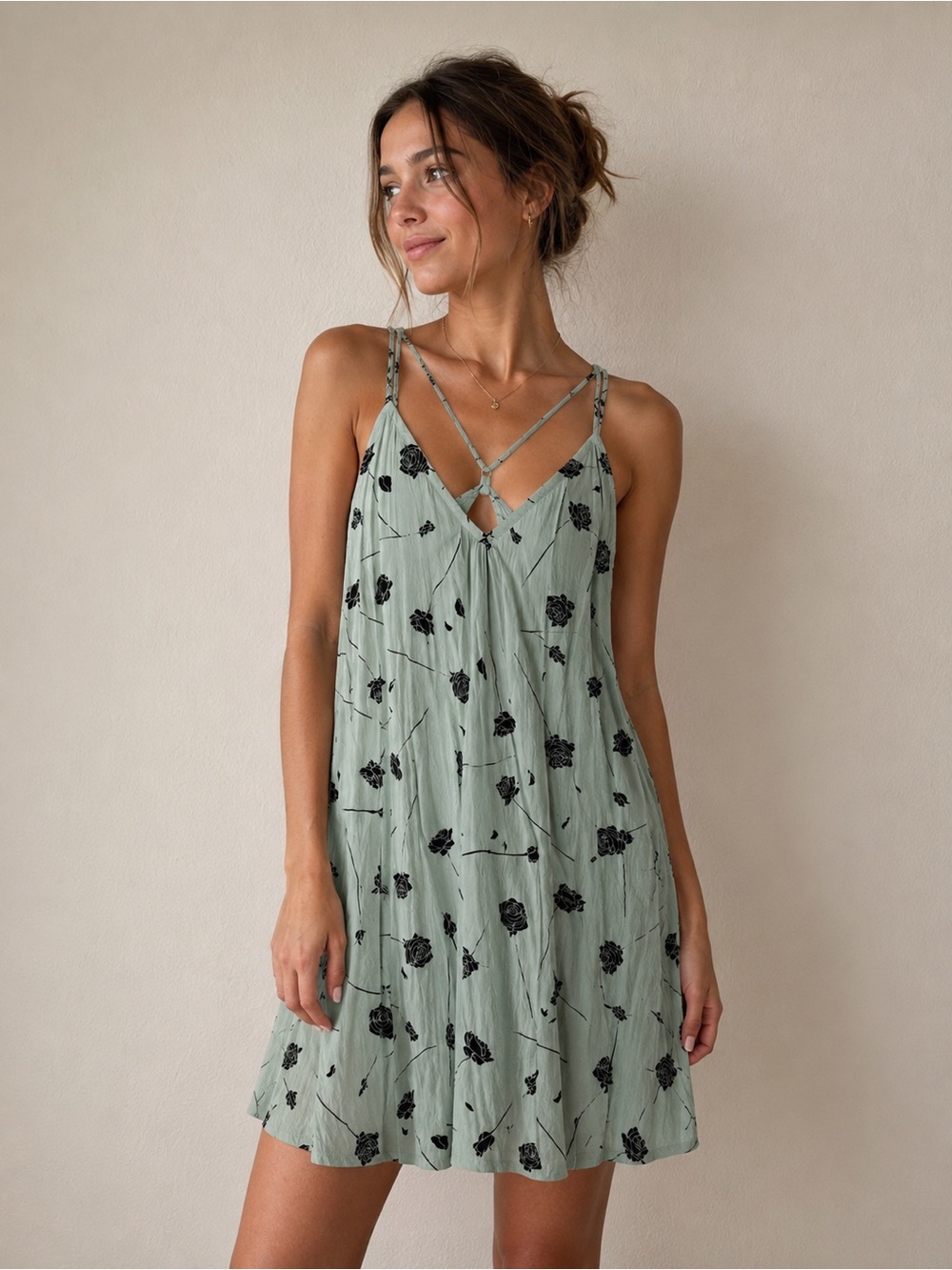 RVCA Sage Green Floral Slip with Strappy V-Back